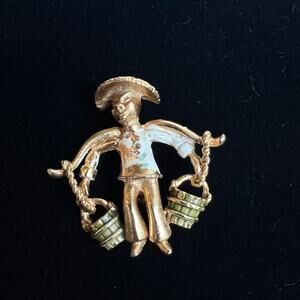 Vintage Asian Themed Brooch, Man Carrying Water Market Buckets Distressed Paint